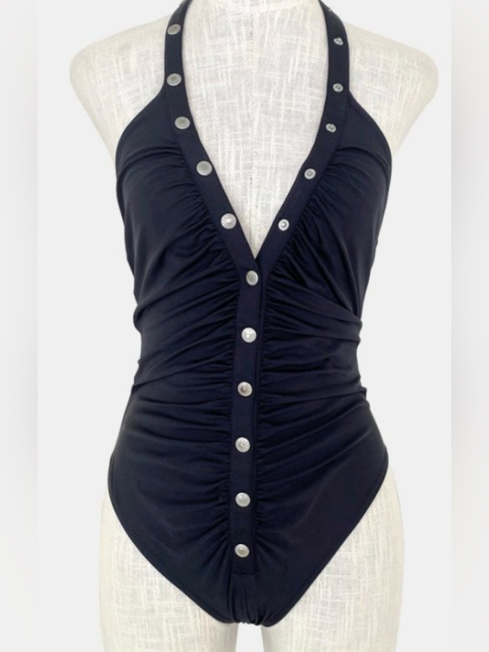 Dolce & Gabbana Black Halter One-Piece Swimsuit with Silver Buttons